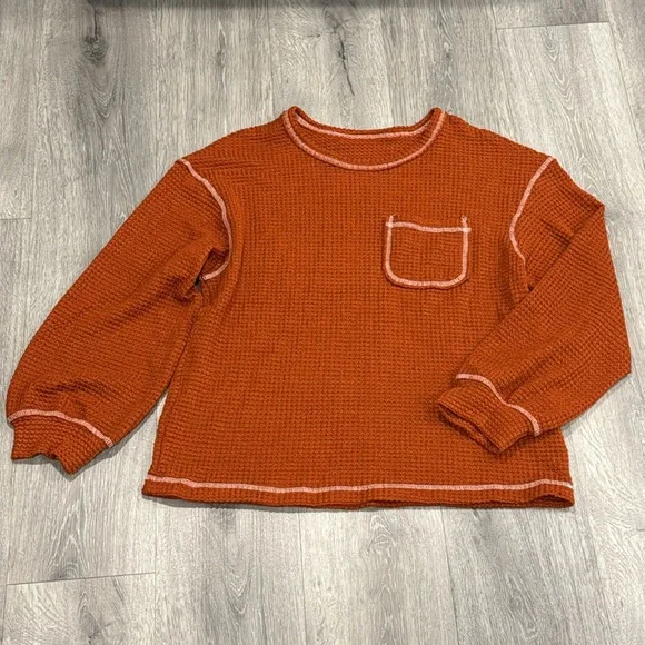 Women’s Long Sleeve Waffle Sweater Oversized Boho Knit Tunic Rust Orange Large - Picture 4 of 13